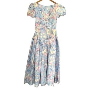 Vintage 80's Alfredo Angelo Bow Maxi Midi Dress Pastel Sz S Floral Baby Doll